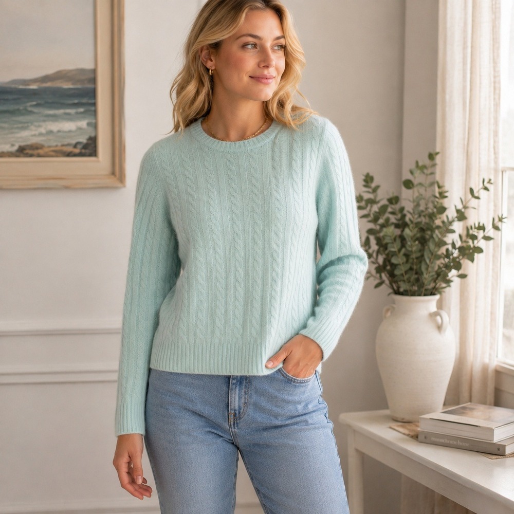 Carole Little Cable Knit Angora Rabbit Hair Lambswool Sweater Mint Women's M